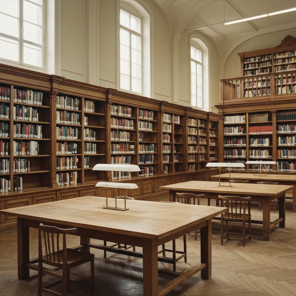 A serene library interior with warm light through tall windows and scholarly reading tables