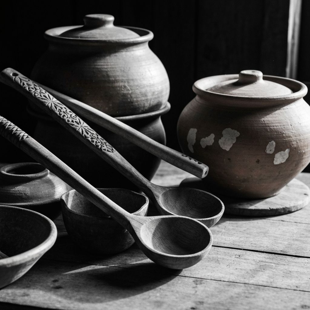 Traditional cooking implements and clay pots arranged on a rustic surface
