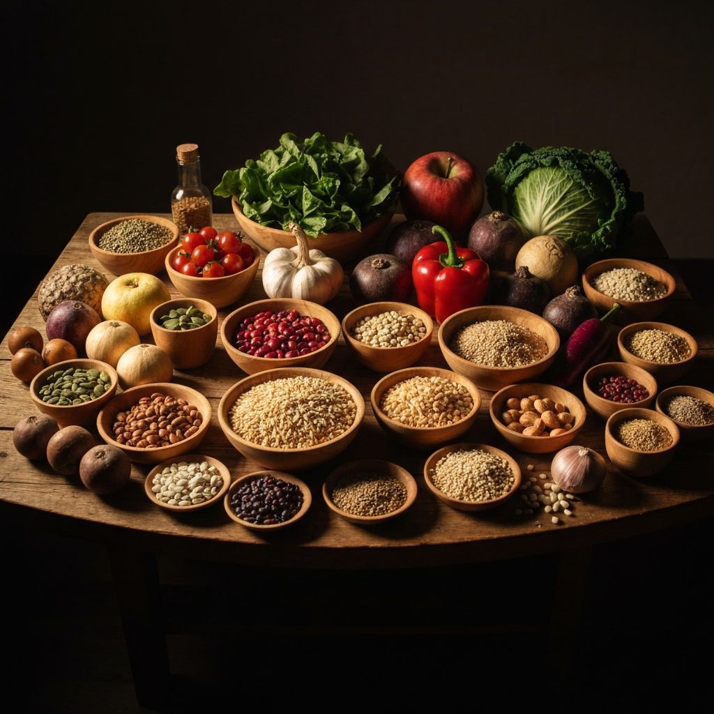 A vibrant spread of unprocessed whole fruits, vegetables, grains and legumes on a rustic wooden table