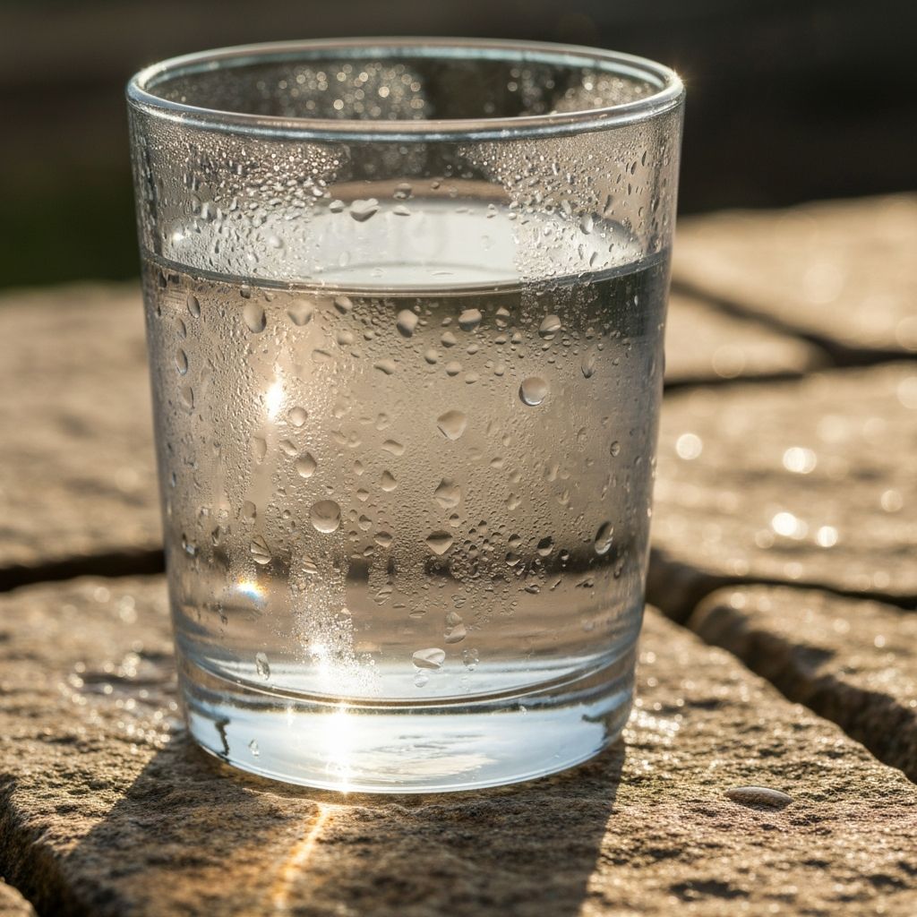 A clear glass of water with condensation droplets, soft natural light creating refraction